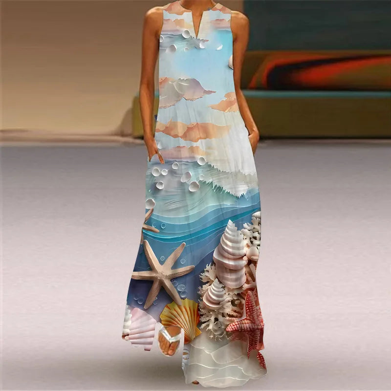 Summer Women's Artistic Retro Sleeveless V-neck Pullover Print Sexy Dress Long Skirt Women's Loose Waist Oversized Swing Skirt