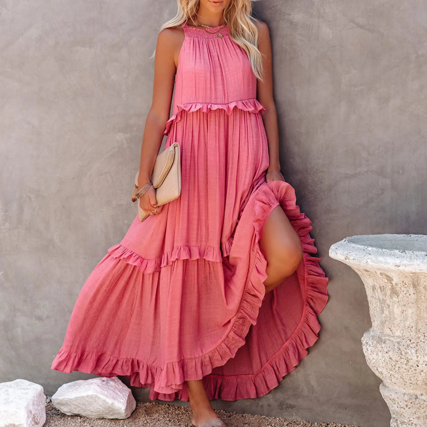 Women Casual Solid Ruffles Long Dress Summer Elegant Sleeveless Sundress Elegant Harajuku Maxi Dress Beach Party Evening Vestido