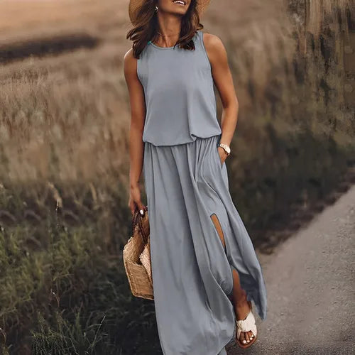 Customizable Casual Women Summer Party Long Dress Sleeveless Slit Dress Office Lady Fashion O-neck Off Shoulder Solid Dresses