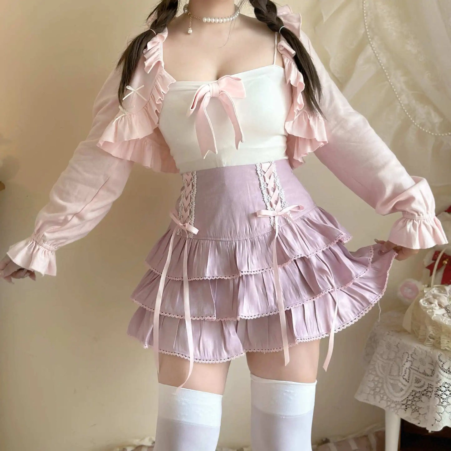 Japanese Harajuku Girls Kawaii Lace Pleated Skirts Women High Waist Bow Lace-up Fairy Y2k Aesthetic Cute Cake Mini Skirts