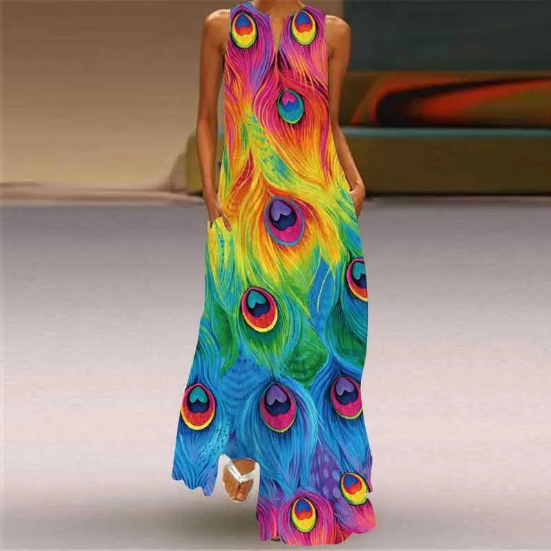 2024 New Summer Ladies Peacock Print Dress High Temperament V-Neck Ladies Long Party Dress Fashion Holiday Travel Dress