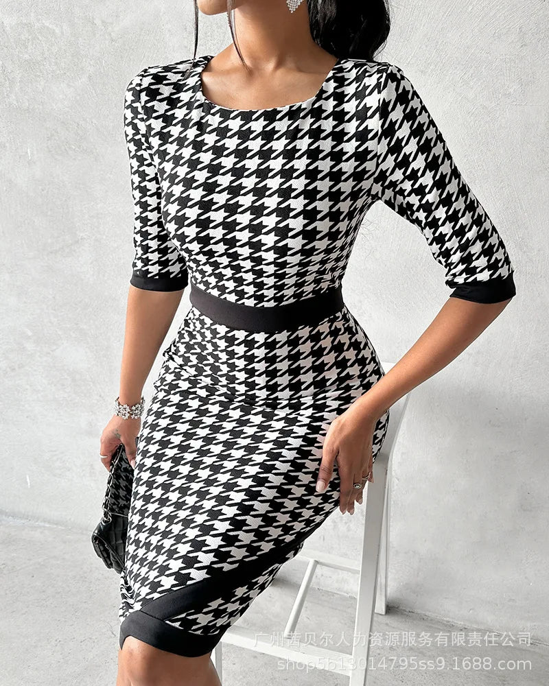 Women's Clothing New Houndstooth Printing Color Contrast Style Dress Midi Knee Length Office Half Sleeve Square Neck Dress