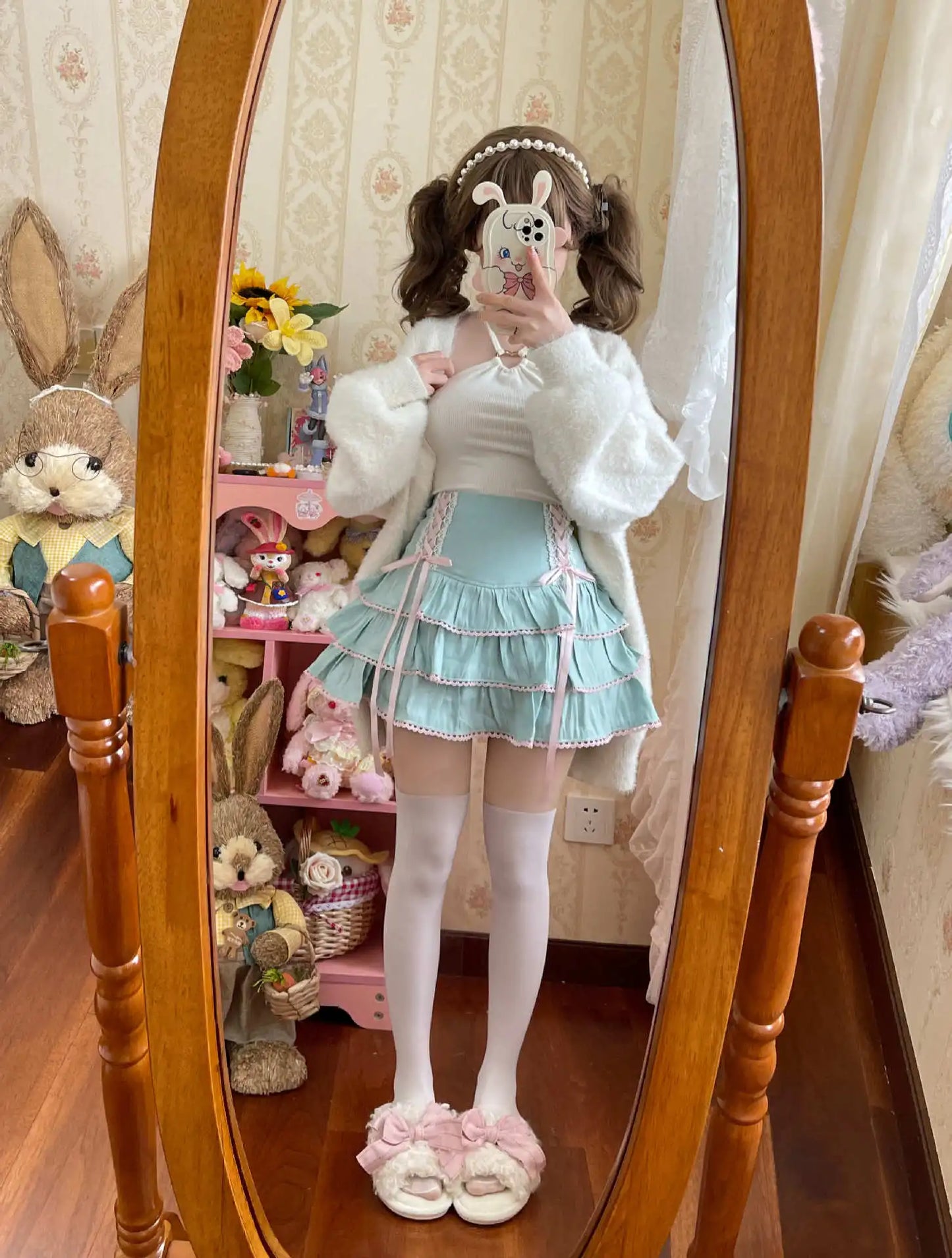 Japanese Harajuku Girls Kawaii Lace Pleated Skirts Women High Waist Bow Lace-up Fairy Y2k Aesthetic Cute Cake Mini Skirts