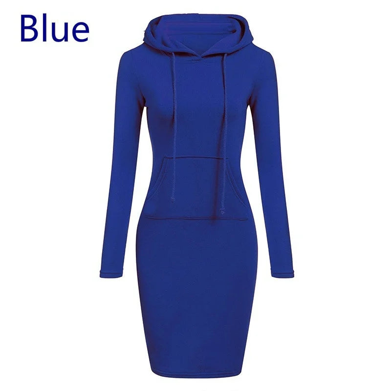 Fashion Women Vintage Hoodie Dress Autumn Winter Long Sleeve Casual Hooded Street Solid Pullover Office Ladies Female Dress