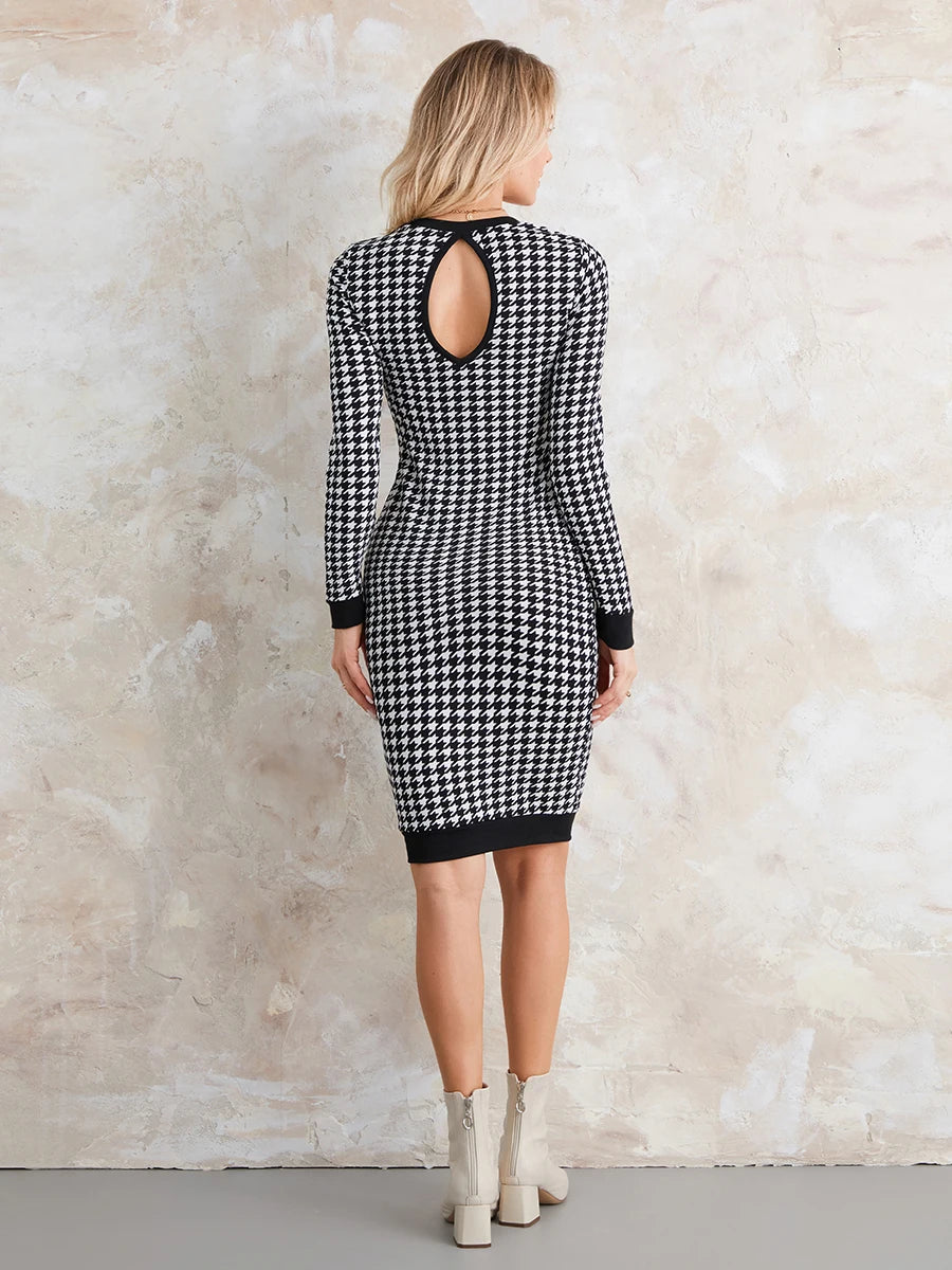 wsevypo Autumn Houndstooth Print Dress Women's Long Sleeve Round Neck Wrap Bodycon Dress Office Lady Hollow Out Back Vestidos