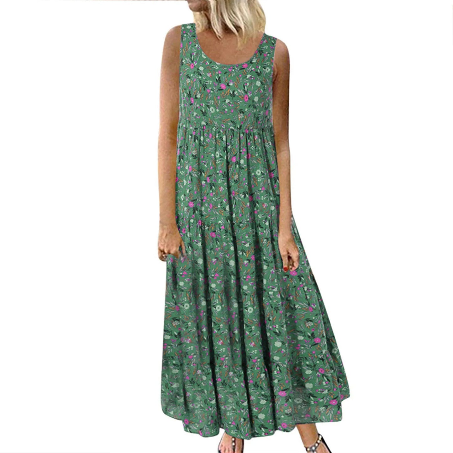 Women Floral Print Bohemian Casual Dress 2024 New Summer Sleeveless O-Neck Plus Size Dress Holiday Beach Large Sundress 4XL 5XL