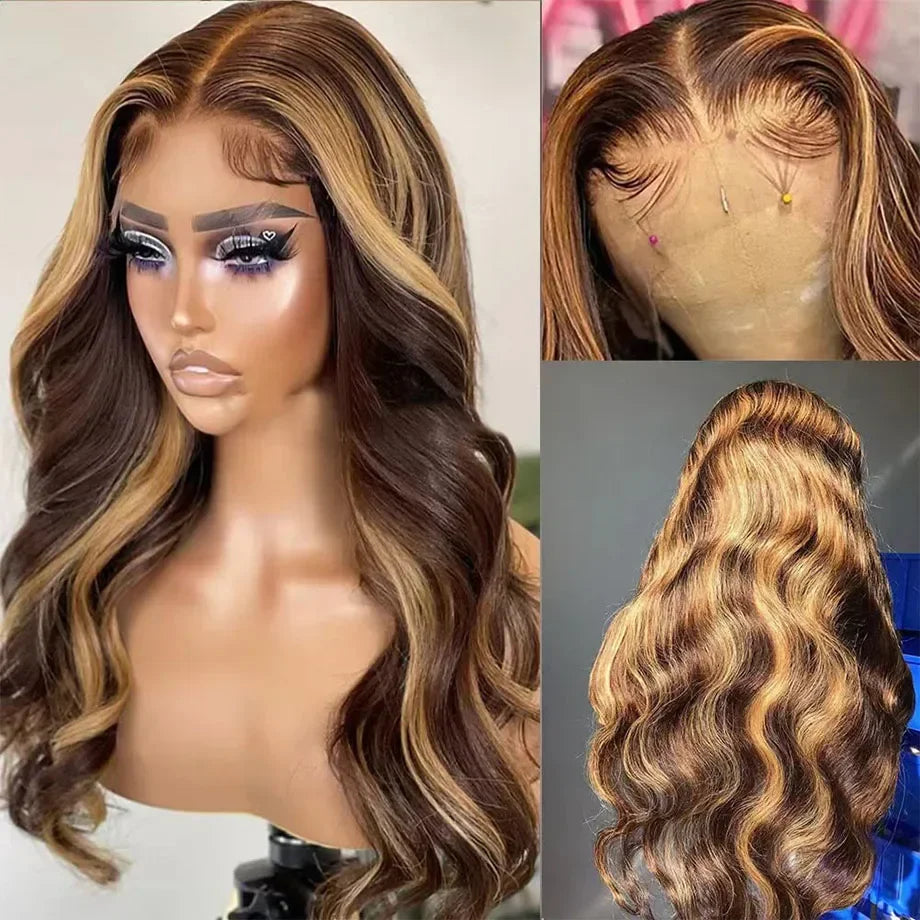 13x4 Highlight Ombre Lace Front Wig Human Hair 4/27 Body Wave Honey Blonde Pre Plucked With Baby Hair HD Lace Front Wigs 200%