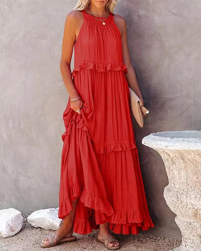 Women Casual Solid Ruffles Long Dress Summer Elegant Sleeveless Sundress Elegant Harajuku Maxi Dress Beach Party Evening Vestido