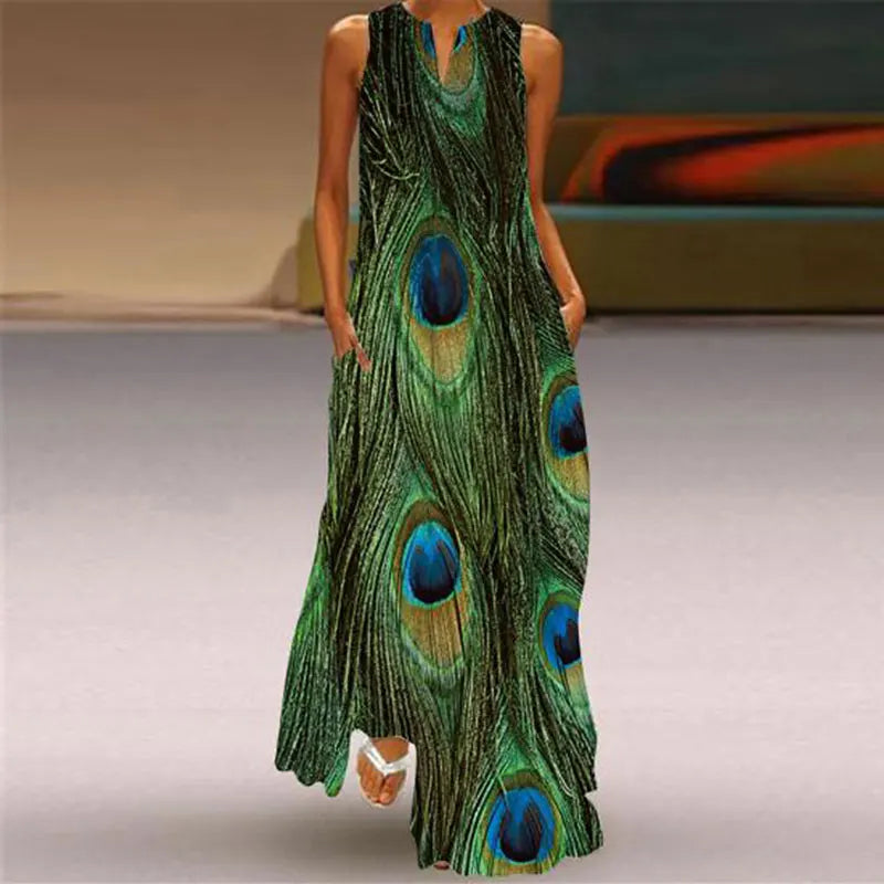 2024 New Summer Ladies Peacock Print Dress High Temperament V-Neck Ladies Long Party Dress Fashion Holiday Travel Dress