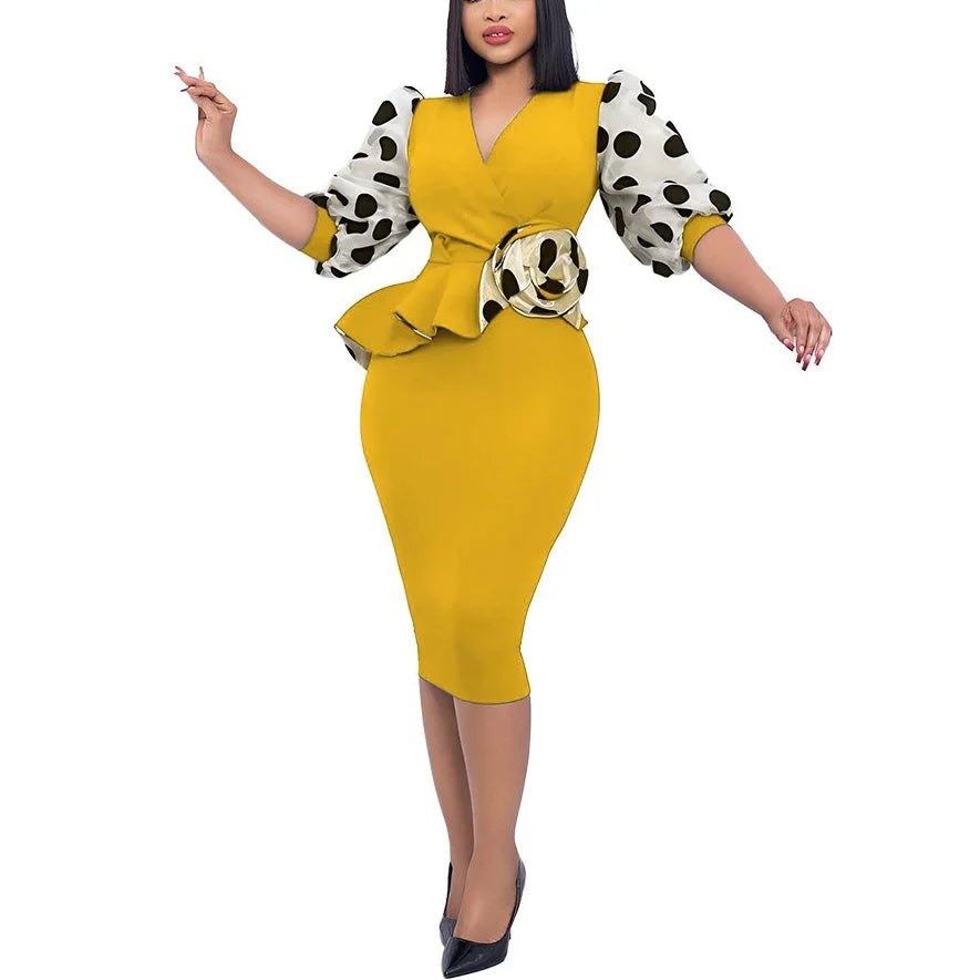 Elegant Office Dresses for Women Professional 2024 New V Neck Half Sleeve Package Hips Mid Calf Formal Female Business Work Robe