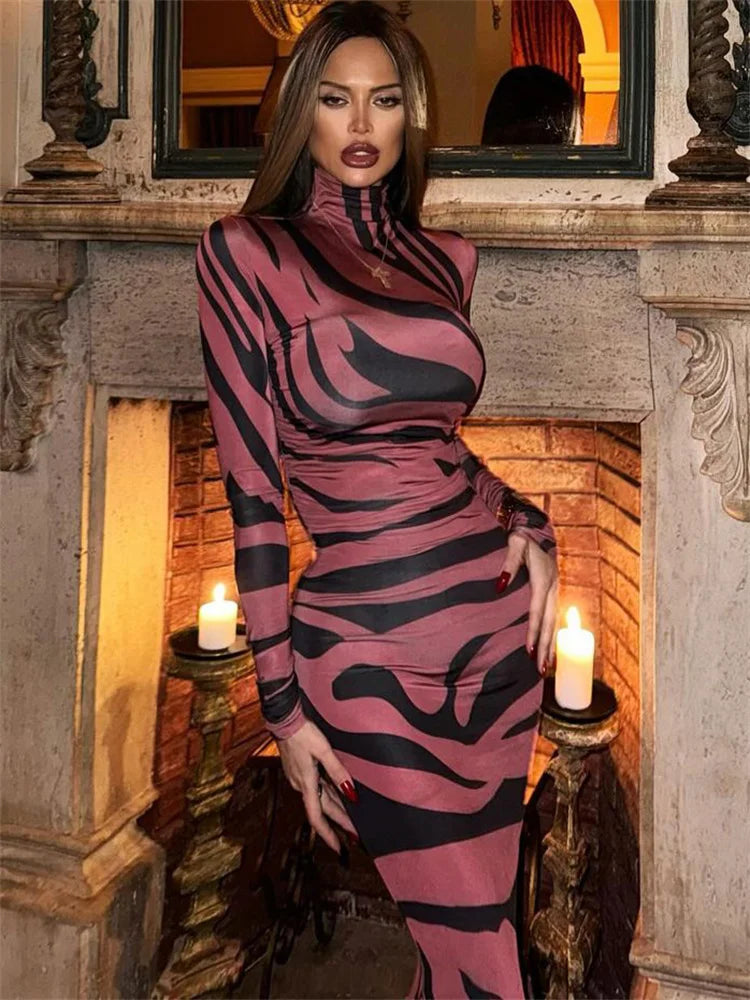 Leopard Printed Female Maxi Dress Skinny Long Sleeve Sexy High Waist Fashion Summer Streetwear Dress Women's Leopard Dress