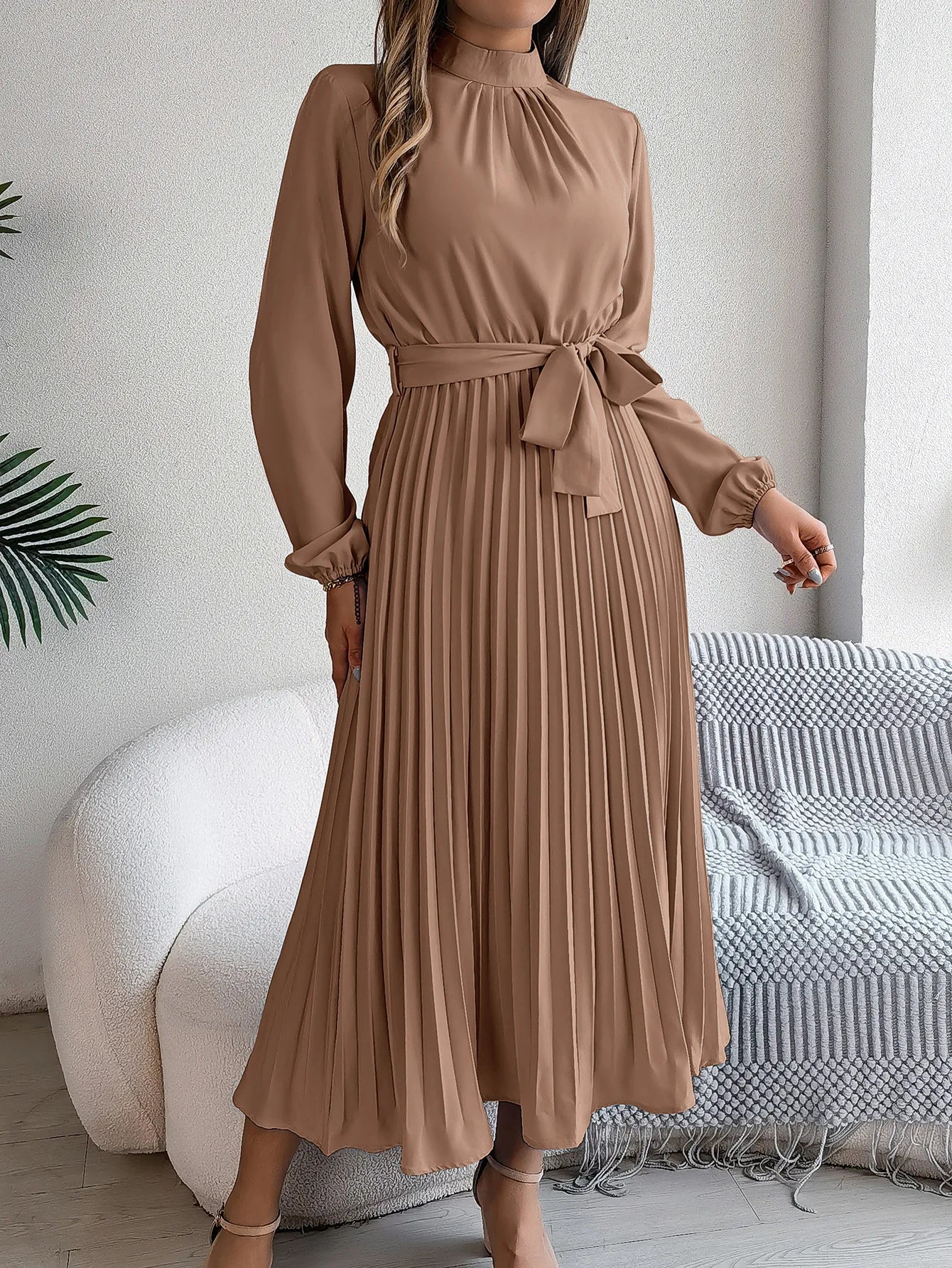 Elegant Women's Solid Color Pleated Lace Up Autumn And Winter Dresses Fashionable Women's Standing Collar Long Sleeved Dress