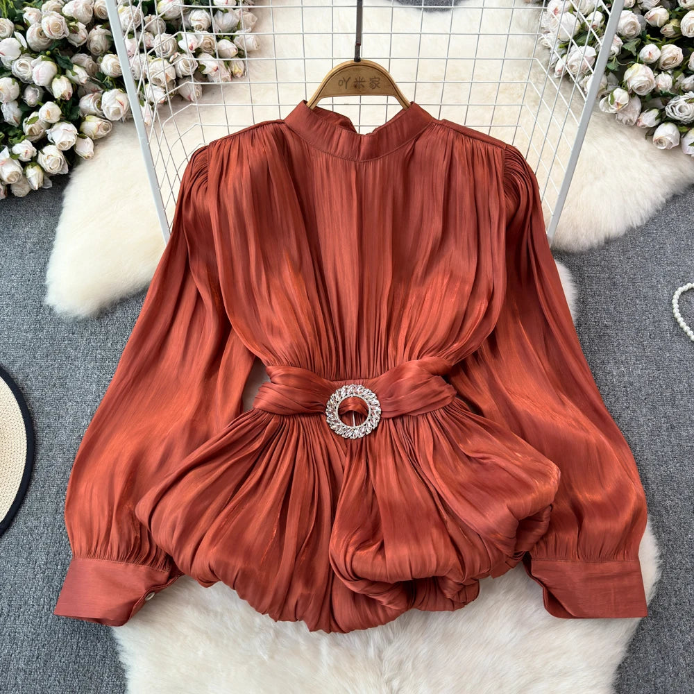 XFPV Sweet Blouse Long Sleeve Rose Pink Waist Tie Up Pleated Shirt Luxury Top For Women Korean Fashion Tide Summer 2024 SM11126