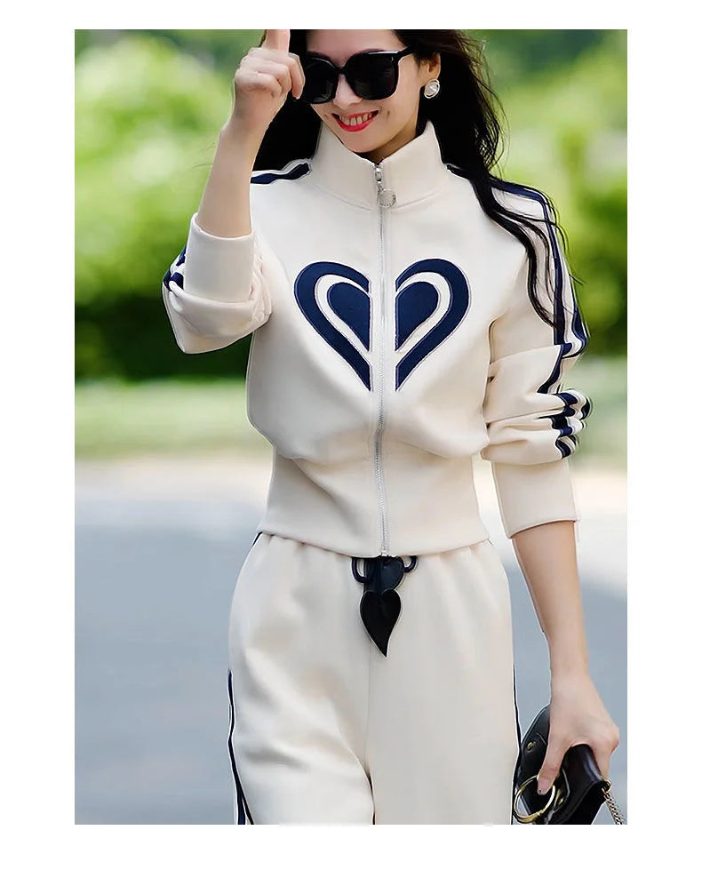 Women's 2024 Autumn Winter New Casual Sports Suit Stand Collar Zippered Sweater Coat Tops Wide Leg Pants Two Piece Set Plus Size