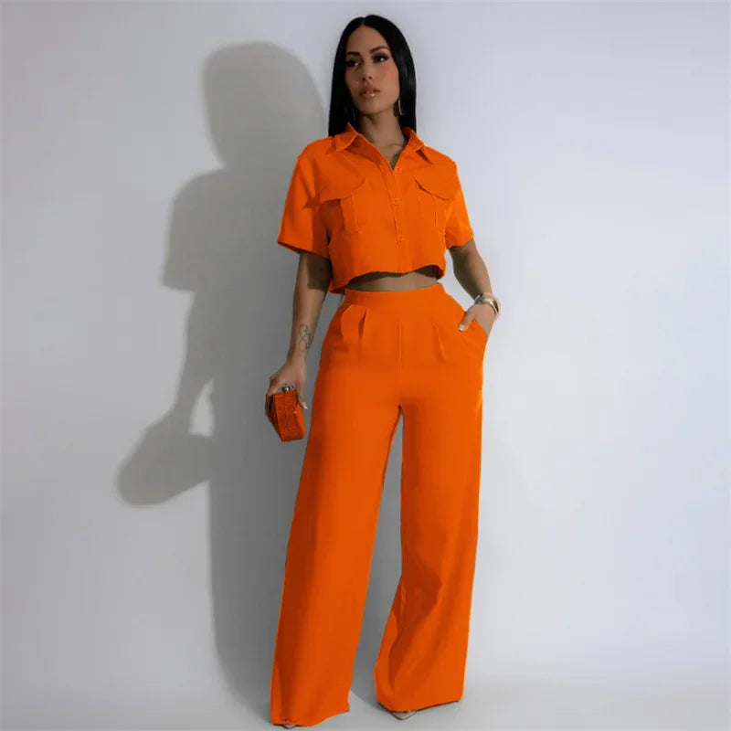 Solid Elegant Pant Sets Womens 2 Piece Outfit Summer 2024 Turn-down Collar Button Up Pockets Shirt Top and Wide Leg Pants Suit