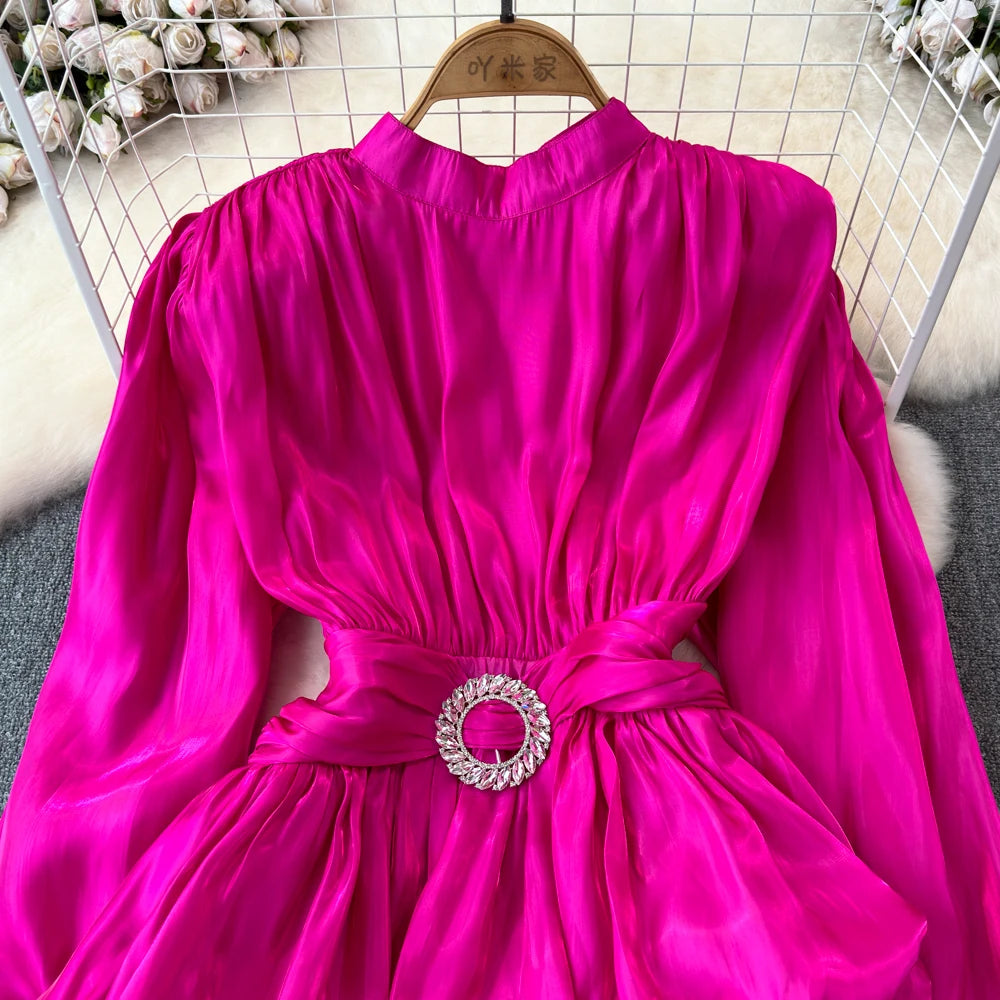 XFPV Sweet Blouse Long Sleeve Rose Pink Waist Tie Up Pleated Shirt Luxury Top For Women Korean Fashion Tide Summer 2024 SM11126