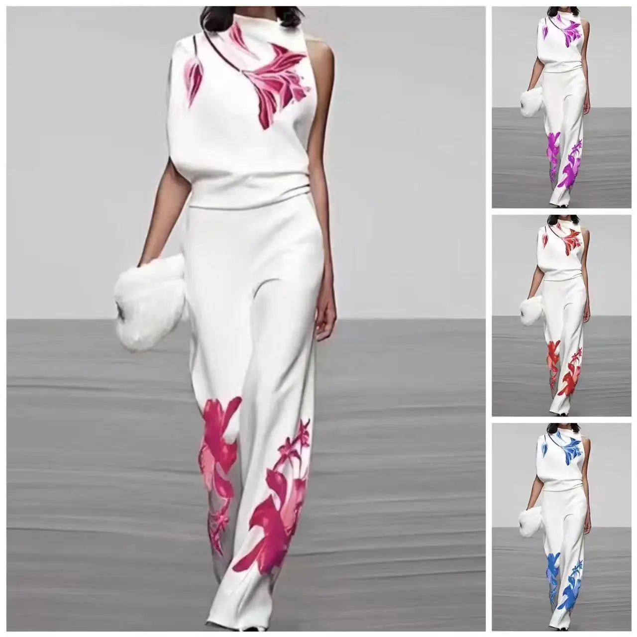 Fashion Street Print Two Piece Set For Women Spring Summer Sleeveless Top And Pants Outfits Office Elegant Autumn Suits