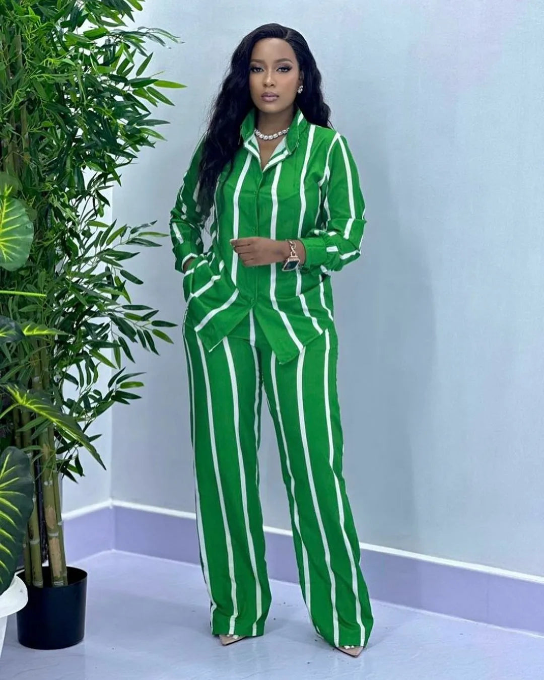 Fashion Striped Print Suit For Women Elegant Lapel Long Sleeved Shirt Elastic Waist Wide Leg Pants Two Piece Set 2024 Autumn New