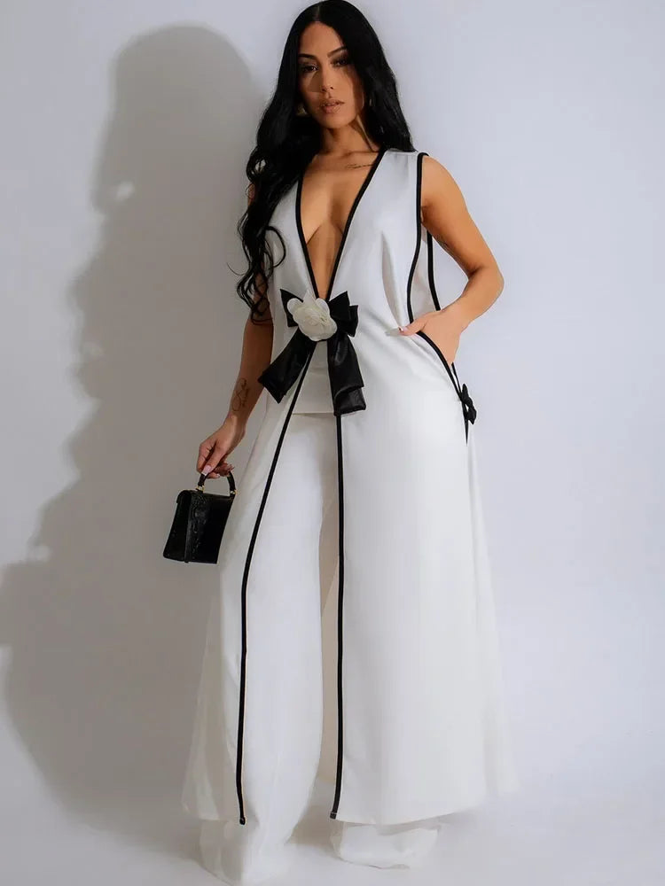 Bow Tie Appliques V-neck Sleeveless Long Top and Wide Leg Pants Matching Sets Women Two Piece Set Elegant Vintage Club Outfits