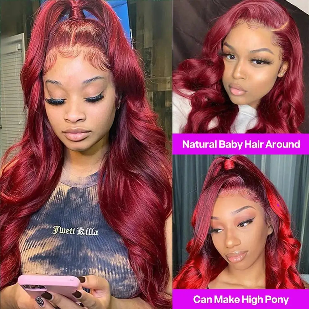 Body Wave Wig Burgundy 99J Lace Front Wig 13x4 13x6 HD Lace Frontal Wig Human Hair Pre Plucked 99j Red Colored Wig