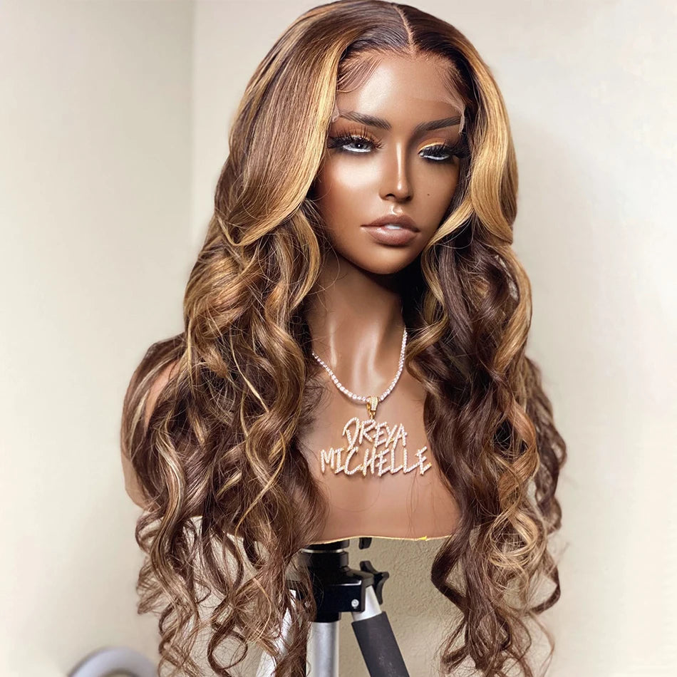 Colored Highlight Body Wave 13x6 HD Transparent Lace Front Human Hair Wigs Honey Blonde 13x4 Water Wave Frontal Wig For Women