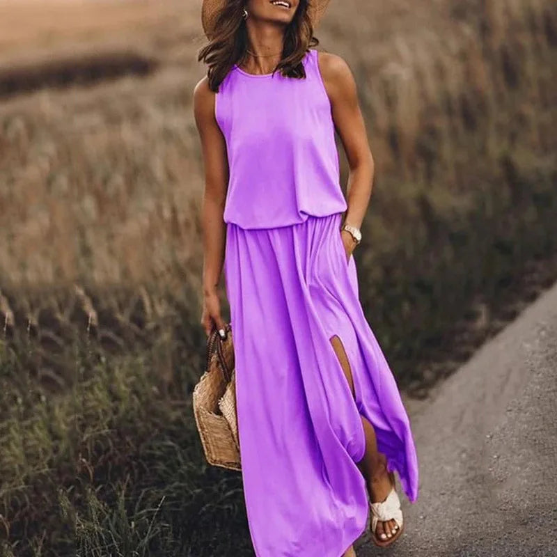 Customizable Casual Women Summer Party Long Dress Sleeveless Slit Dress Office Lady Fashion O-neck Off Shoulder Solid Dresses