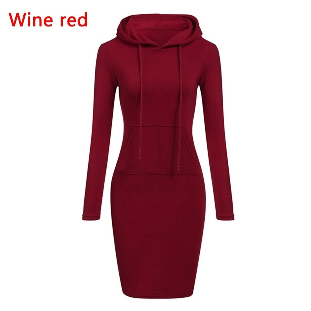 Fashion Women Vintage Hoodie Dress Autumn Winter Long Sleeve Casual Hooded Street Solid Pullover Office Ladies Female Dress