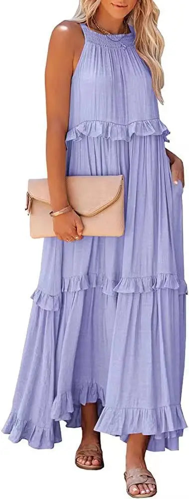 Women Casual Solid Ruffles Long Dress Summer Elegant Sleeveless Sundress Elegant Harajuku Maxi Dress Beach Party Evening Vestido