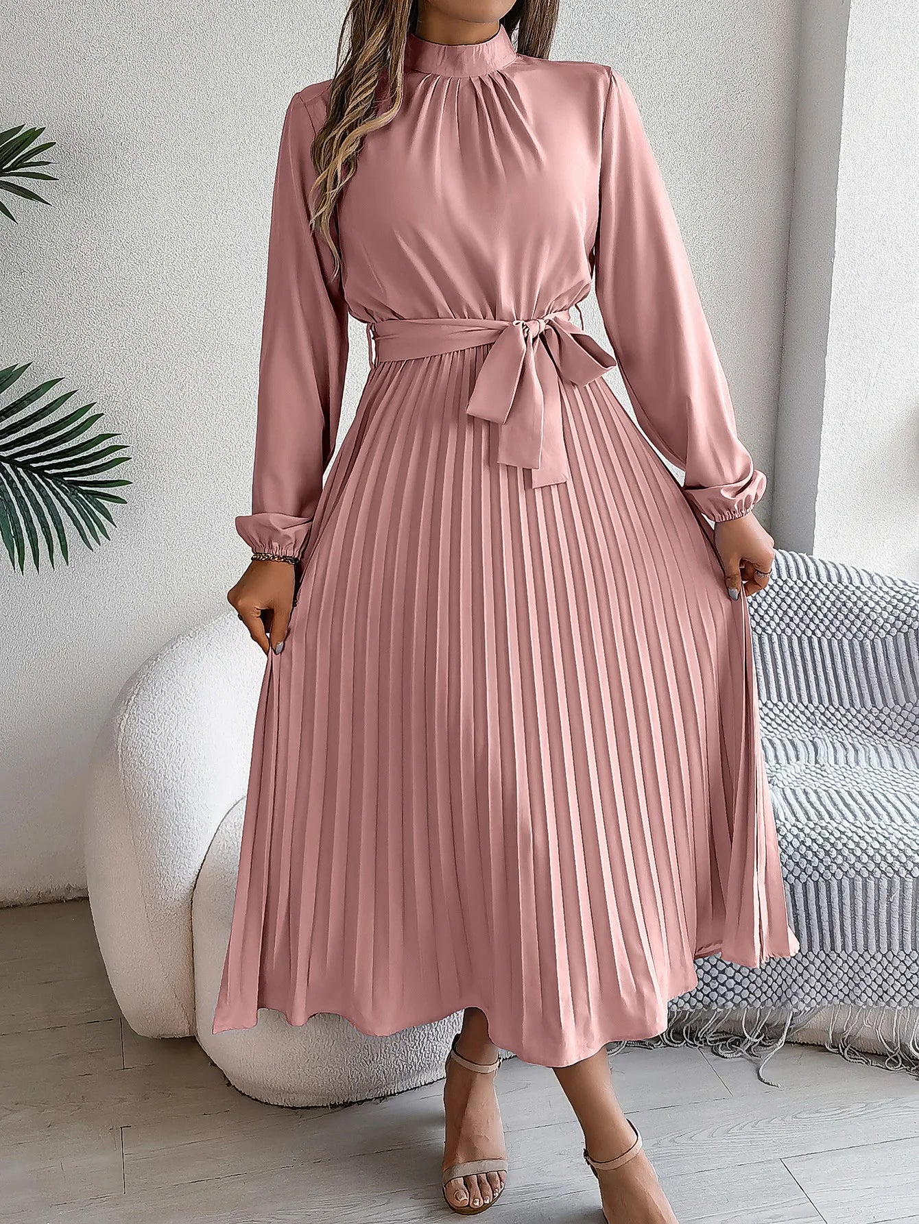 Elegant Women's Solid Color Pleated Lace Up Autumn And Winter Dresses Fashionable Women's Standing Collar Long Sleeved Dress