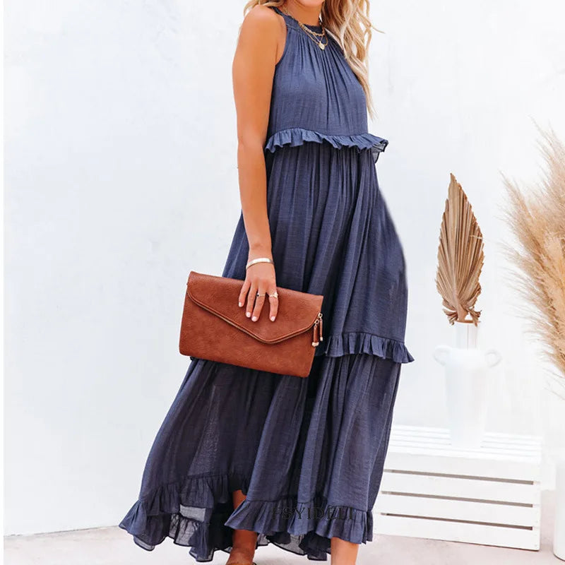 Women Casual Solid Ruffles Long Dress Summer Elegant Sleeveless Sundress Elegant Harajuku Maxi Dress Beach Party Evening Vestido