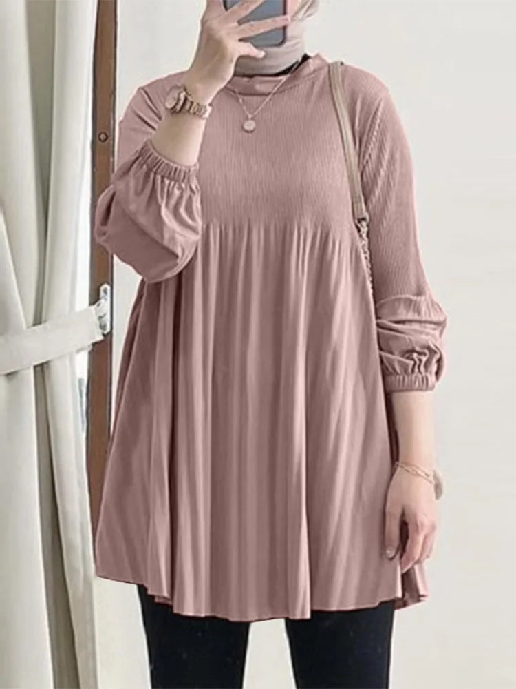 ZANZEA Muslim Islamic Pleated Long Blouses Women Autumn Long Sleeve O Neck Casual Blusas Mujer Fashion Solid Color Tunic Tops