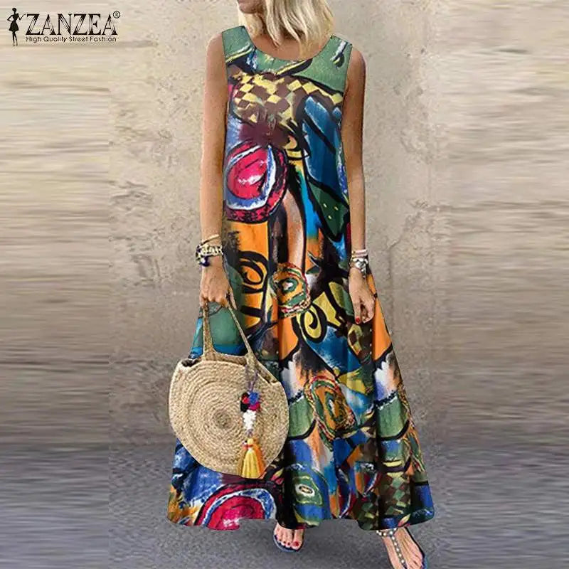 ZANZEA Bohemian Floral Printed Dress Women Vintage Sleeveless O Neck Beach Sundress Summer Femme Fashion Vestido Robe Sarafans