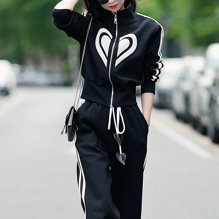 Women's 2024 Autumn Winter New Casual Sports Suit Stand Collar Zippered Sweater Coat Tops Wide Leg Pants Two Piece Set Plus Size