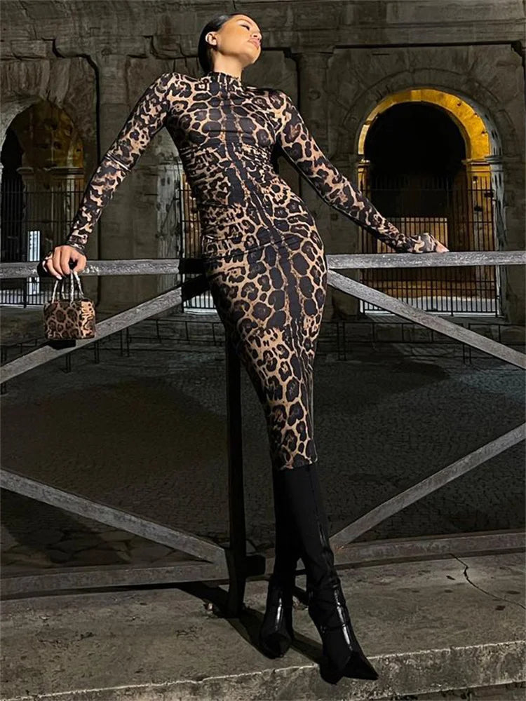 Leopard Printed Female Maxi Dress Skinny Long Sleeve Sexy High Waist Fashion Summer Streetwear Dress Women's Leopard Dress