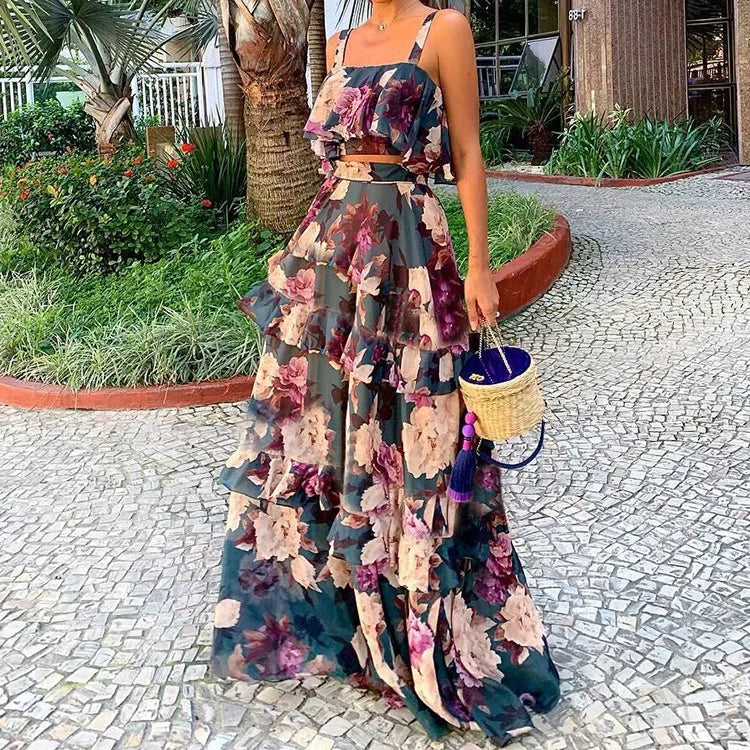 Women 2 pieces sets halter top cake skirt 2024 floral print new beach side holiday summer style woman suit vestidos GHH21283