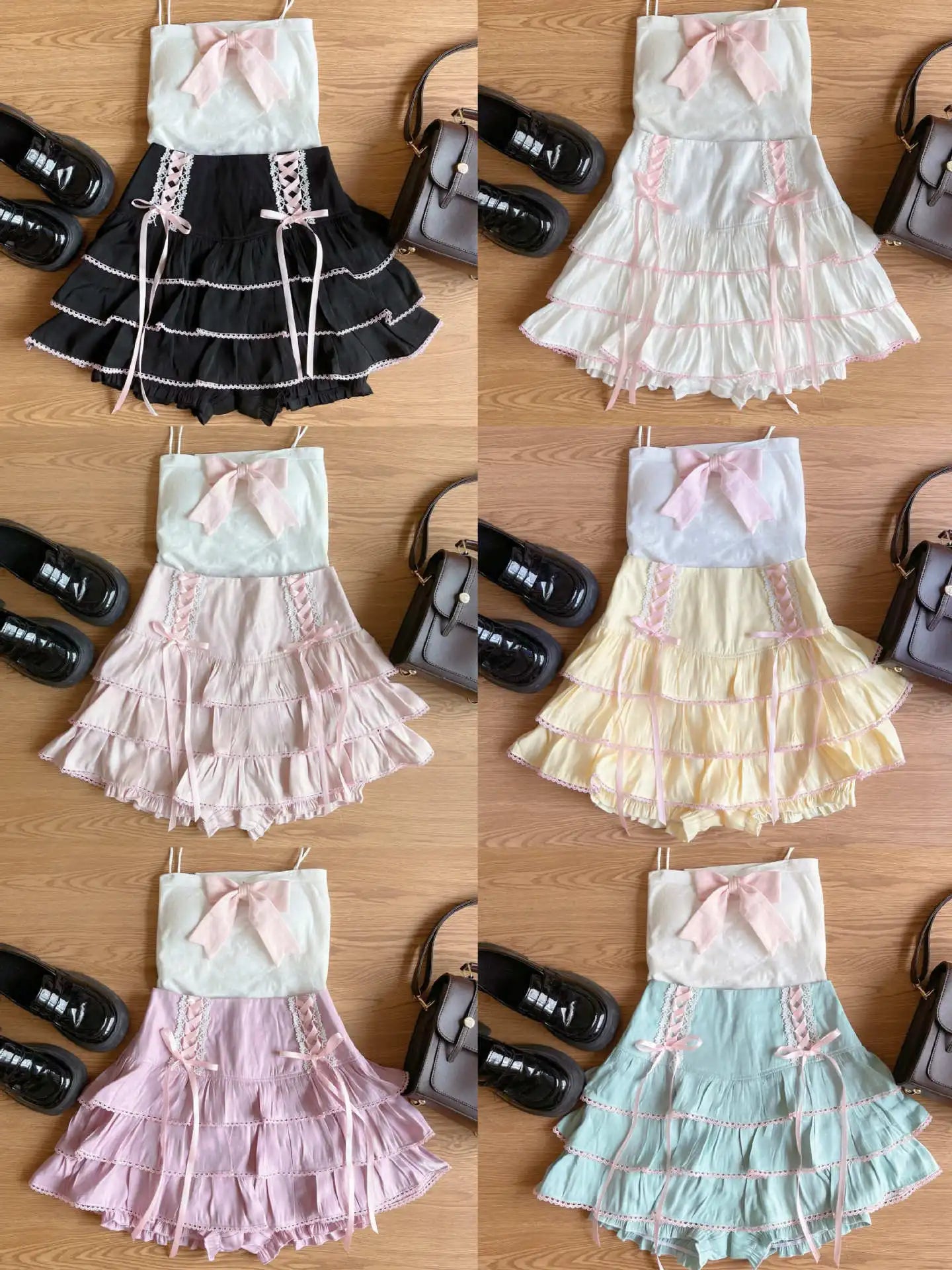 Japanese Harajuku Girls Kawaii Lace Pleated Skirts Women High Waist Bow Lace-up Fairy Y2k Aesthetic Cute Cake Mini Skirts