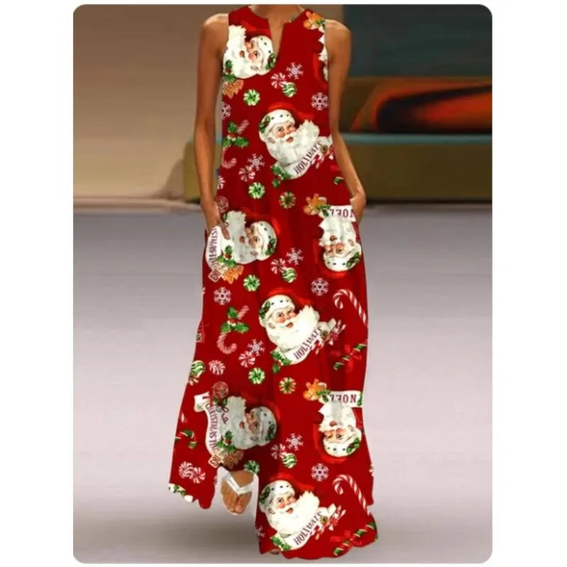 2024 Personalized Street Pocket Retro Printed Long Dress V-neck Pullover Multi Color Long Sexy Sleeveless Dress for Women