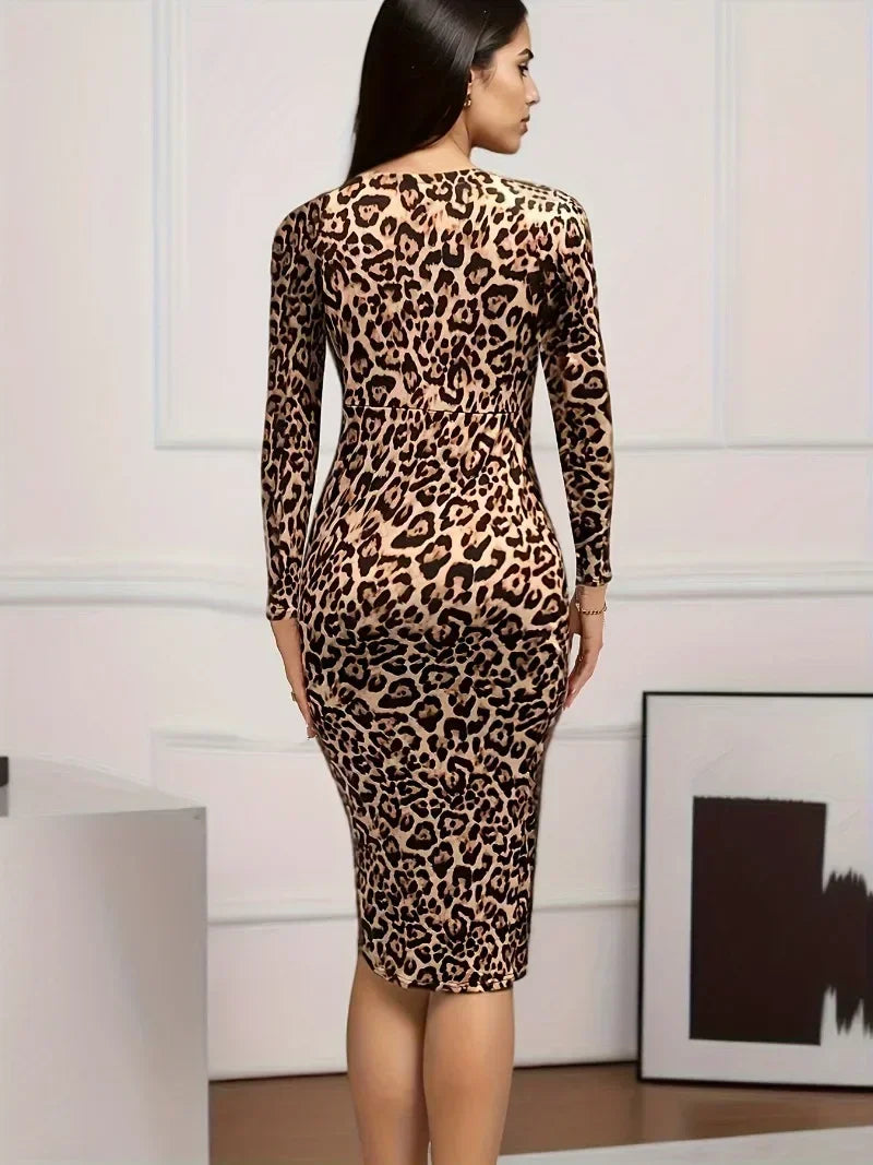 Women's Elegant Summer V-Neck Leopard Print Patchwork Collar Split Knee Length Dress Tight Fitting Dress