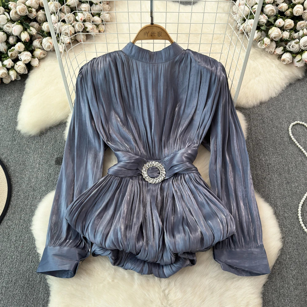 XFPV Sweet Blouse Long Sleeve Rose Pink Waist Tie Up Pleated Shirt Luxury Top For Women Korean Fashion Tide Summer 2024 SM11126