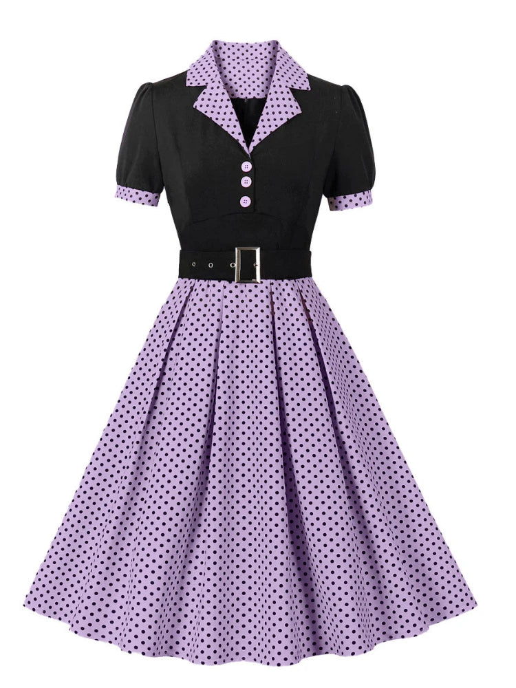 2024 New Fashion Polka Dot Vintage Pleated Dresses Retro Notched Collar Elegant Summer Women Short Sleeve Belted 1950s 60s Dress