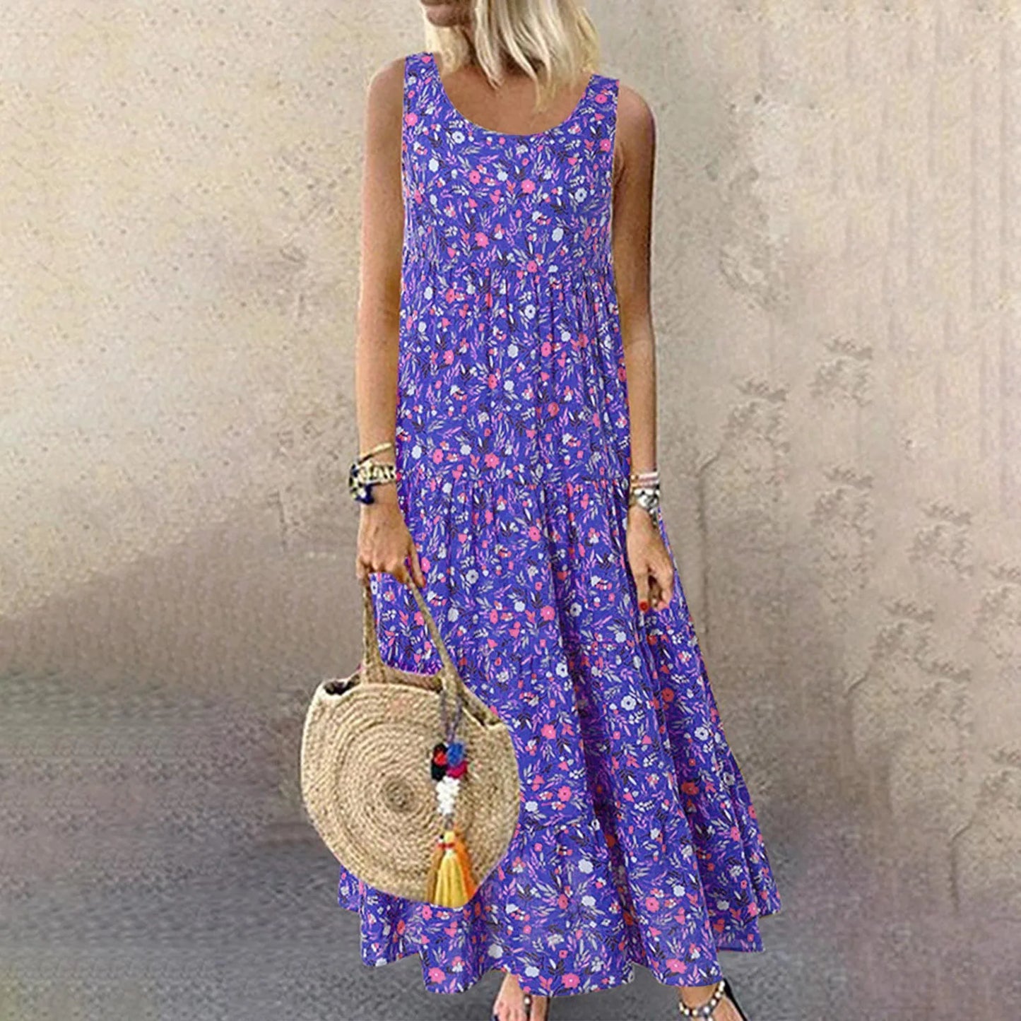 Women Floral Print Bohemian Casual Dress 2024 New Summer Sleeveless O-Neck Plus Size Dress Holiday Beach Large Sundress 4XL 5XL