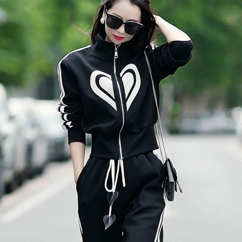 Women's 2024 Autumn Winter New Casual Sports Suit Stand Collar Zippered Sweater Coat Tops Wide Leg Pants Two Piece Set Plus Size