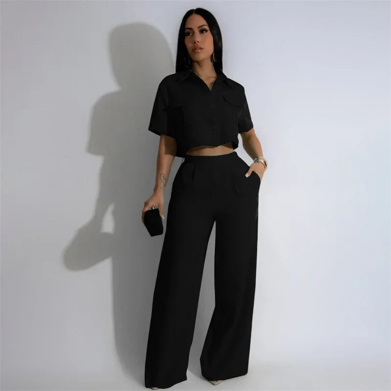 Solid Elegant Pant Sets Womens 2 Piece Outfit Summer 2024 Turn-down Collar Button Up Pockets Shirt Top and Wide Leg Pants Suit