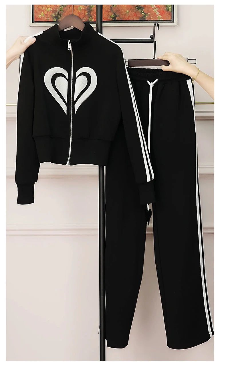 Women's 2024 Autumn Winter New Casual Sports Suit Stand Collar Zippered Sweater Coat Tops Wide Leg Pants Two Piece Set Plus Size