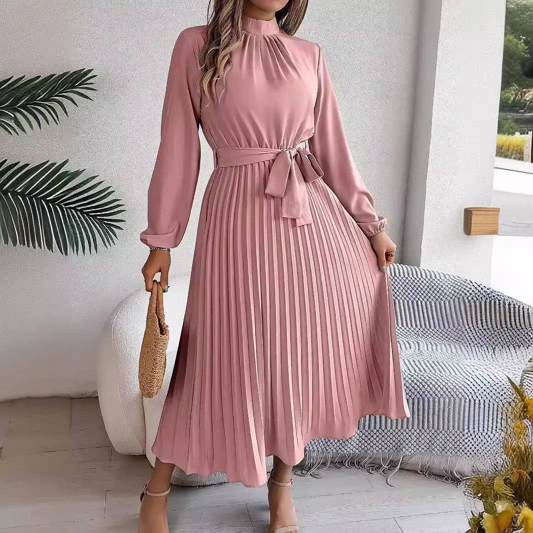 Elegant Women's Solid Color Pleated Lace Up Autumn And Winter Dresses Fashionable Women's Standing Collar Long Sleeved Dress