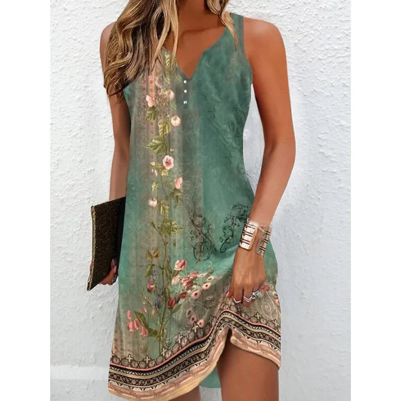 Summer Women's Printed V-Neck Sleeveless Fashion Dress Sexy Flower Mini Dresses Vintage Clothes Vest Ropa Elegant Vestidos 2024