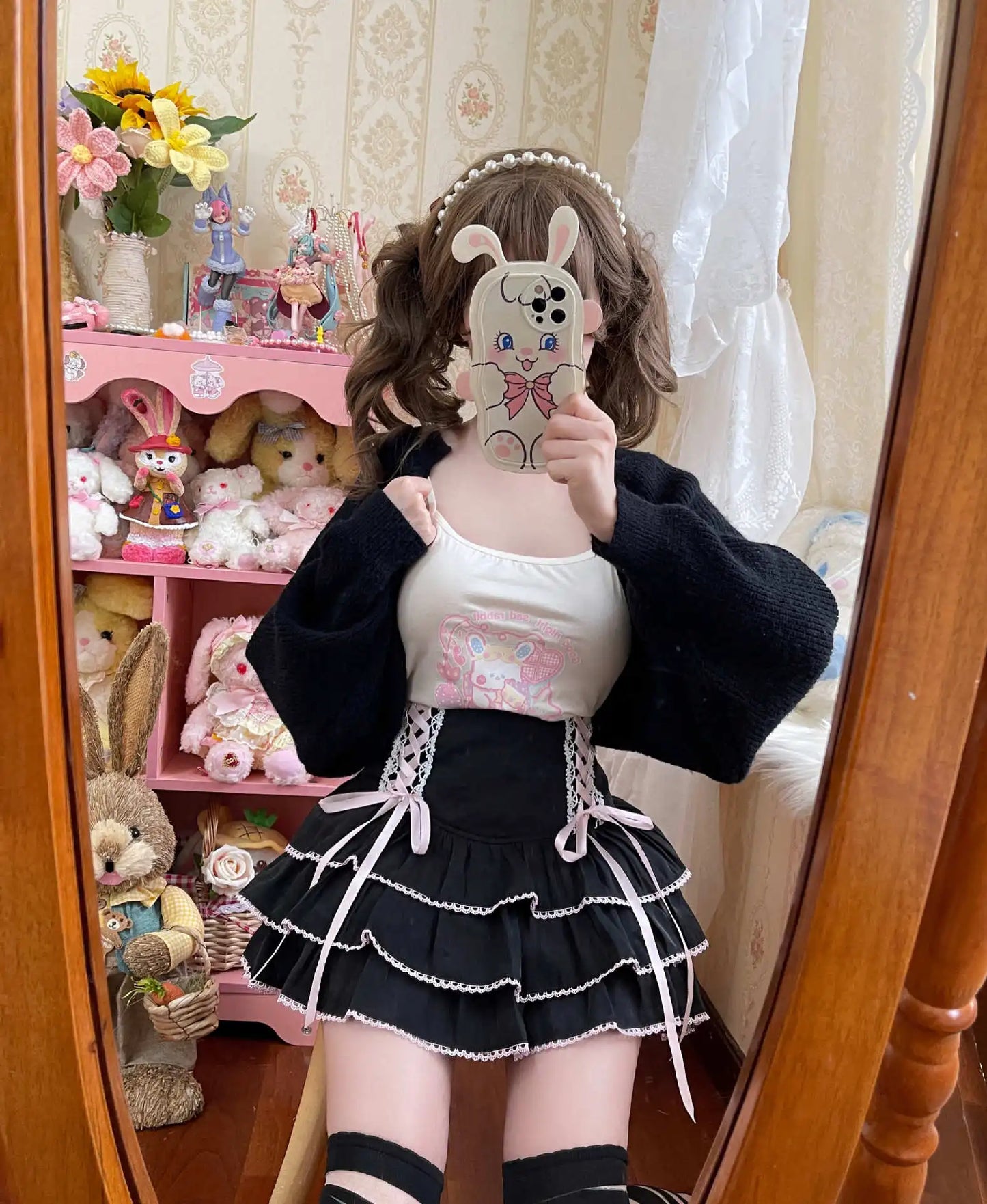 Japanese Harajuku Girls Kawaii Lace Pleated Skirts Women High Waist Bow Lace-up Fairy Y2k Aesthetic Cute Cake Mini Skirts