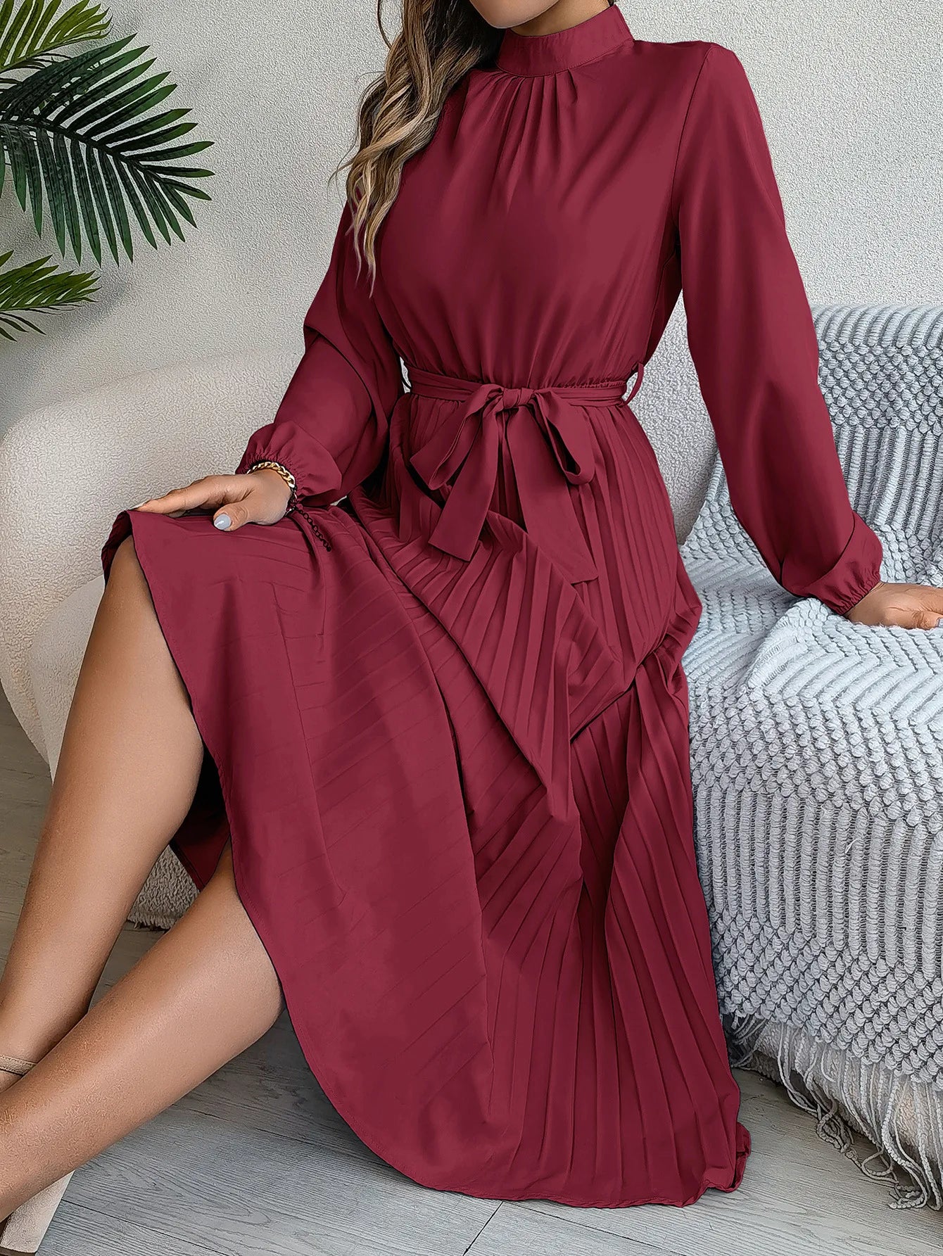 Elegant Women's Solid Color Pleated Lace Up Autumn And Winter Dresses Fashionable Women's Standing Collar Long Sleeved Dress