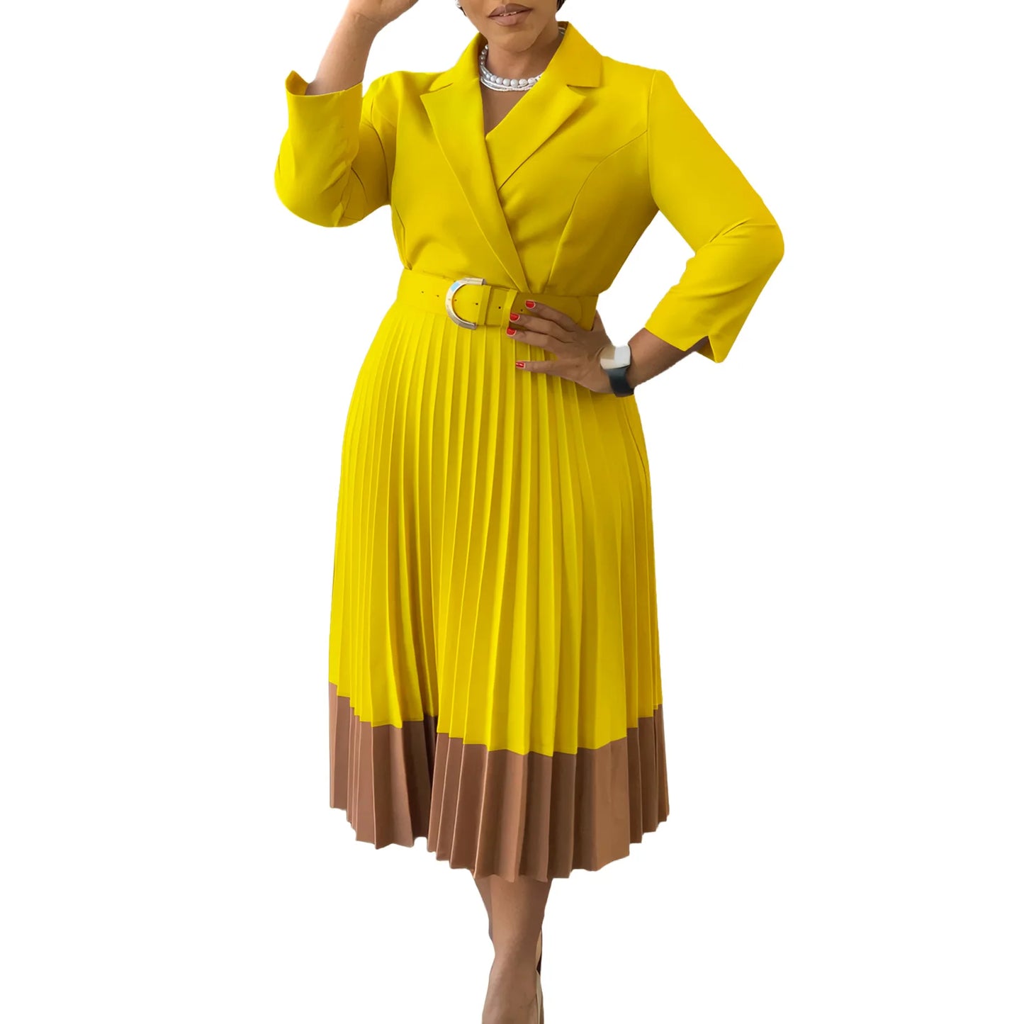 Winter Fashion Elegant Pleated A-line Dress African Women Casual Office Ladies Lapel Long Sleeved Belt Pleated Dress Women