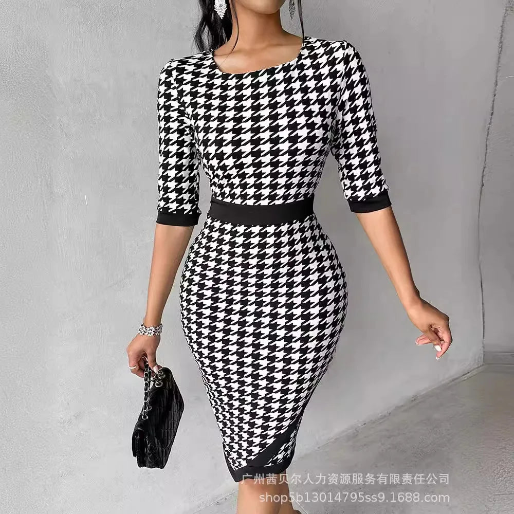 Women's Clothing New Houndstooth Printing Color Contrast Style Dress Midi Knee Length Office Half Sleeve Square Neck Dress